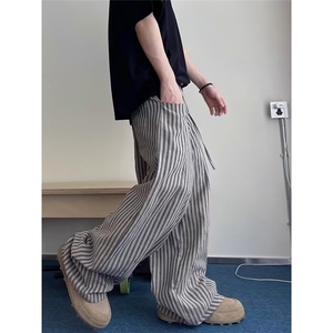 春秋日系复古慵懒松弛宽松竖条纹休闲裤男女百搭潮牌直筒裤拖地裤图片