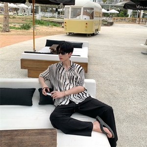 夏季男士条纹衬衫痞帅衬衣男装时尚撞色宽松半袖寸衫 CA668图片