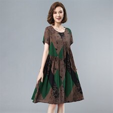优雅复古印花连衣裙宽松显瘦短袖长裙舒适百搭，女装连衣裙，依恋蒂丝