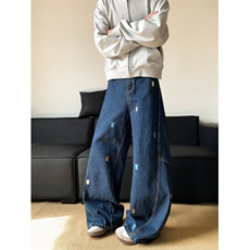 彩色卡通小熊刺绣牛仔裤男2025秋季新款宽松显瘦直筒阔腿休闲长裤，男装牛仔裤，四季星座505