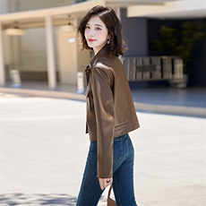 现货美拉德小香风褐色仿羊皮衣外套女2024秋装新款精致职场通勤，女装皮衣，江南女神