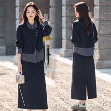 时尚套装女2025秋新款减龄假两件衬衫拼接马甲垂感半身裙两件套，女装套装/套裙，流量+