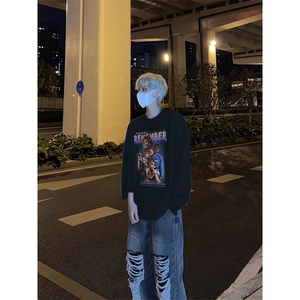 美式复古黑人组合说唱印花长袖T恤小领口打底衫图片