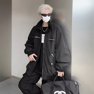 黑色立领飞行夹克外套男设计感小众春秋宽肩拉链解构褂子 JK650图片