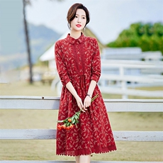 复古小碎花连衣裙女2026春装新款收腰显瘦气质娃娃领纯棉衬衫裙子，女装连衣裙，倪叶myz