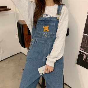 2025年童趣古着感复古宽松洗水牛仔刺绣卡通背带裤四季可穿男女潮图片