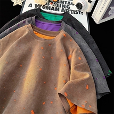 美式重磅复古破洞假两件短袖T恤大码休闲男女体恤衫T3653-特价P33，男装T恤，电商A007