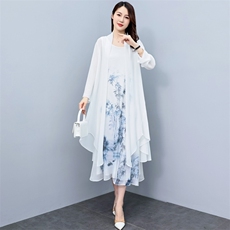 大码防晒衣女夏装新中长款雪纺披肩开衫外套时尚印花连衣裙两件套，女装套装/套裙，秀美人生