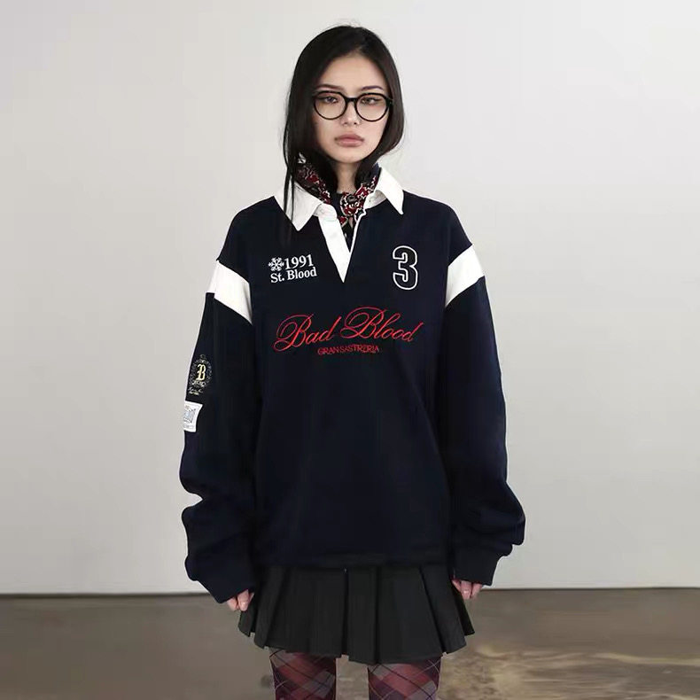 badblood美式复古红色橄榄球运动卫衣慵懒休闲长袖上衣Polo领球衣,男装卫衣,四季星座505