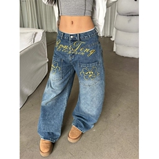 美式复古直筒重工设计感牛仔裤子女夏辣妹字母烫钻阔腿休闲拖地裤，男装牛仔裤，星座506A