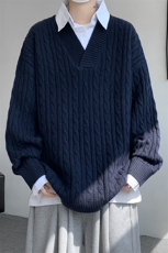 假两件衬衫领毛衣男秋冬宽松慵懒风韩系麻花针织衫外套MY19003P78，男装针织衫/毛衣，电商B312