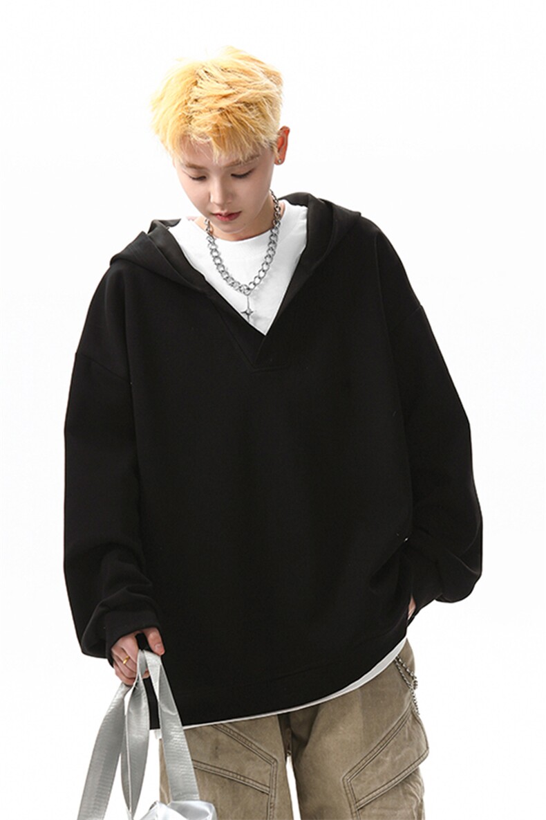 8XL-M叠穿假两件卫衣重磅连帽V领拼接套头衫宽松大码外套WY006P65,男装卫衣,电商B312