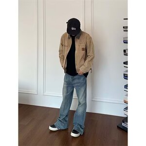 2603-P75 美式小众水洗做旧短款上衣牛仔底特律工装夹克秋季外套图片