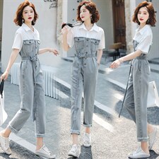 2026夏装新款时尚休闲高腰衬衫牛仔拼接连体裤长裤（配腰带），女装连体裤，印象茜