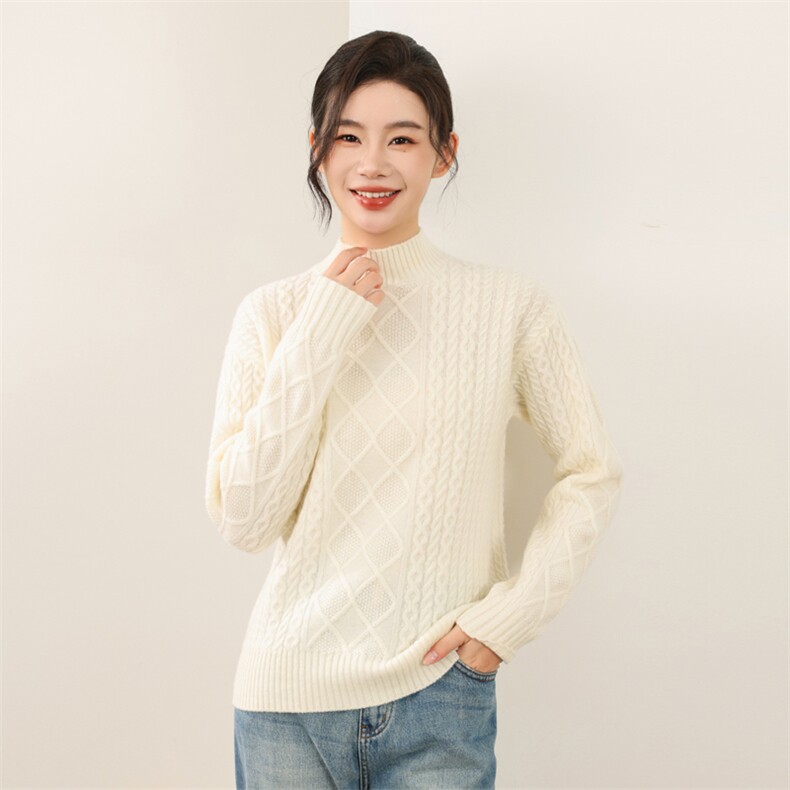 2025年秋季长袖套头菱形扭花半高时尚百搭通勤简约休闲，女装羊毛衫，锦弘羊绒
