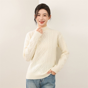 2025年秋季长袖套头菱形扭花半高时尚百搭通勤简约休闲，女装羊毛衫，锦弘羊绒