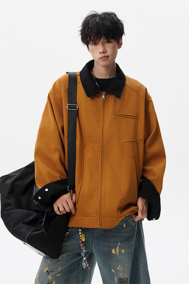 M-8XL美式复古水洗夹克男拼接灯芯绒外套休闲茄克衫上衣JK1325P88,男装夹克,电商D206-1