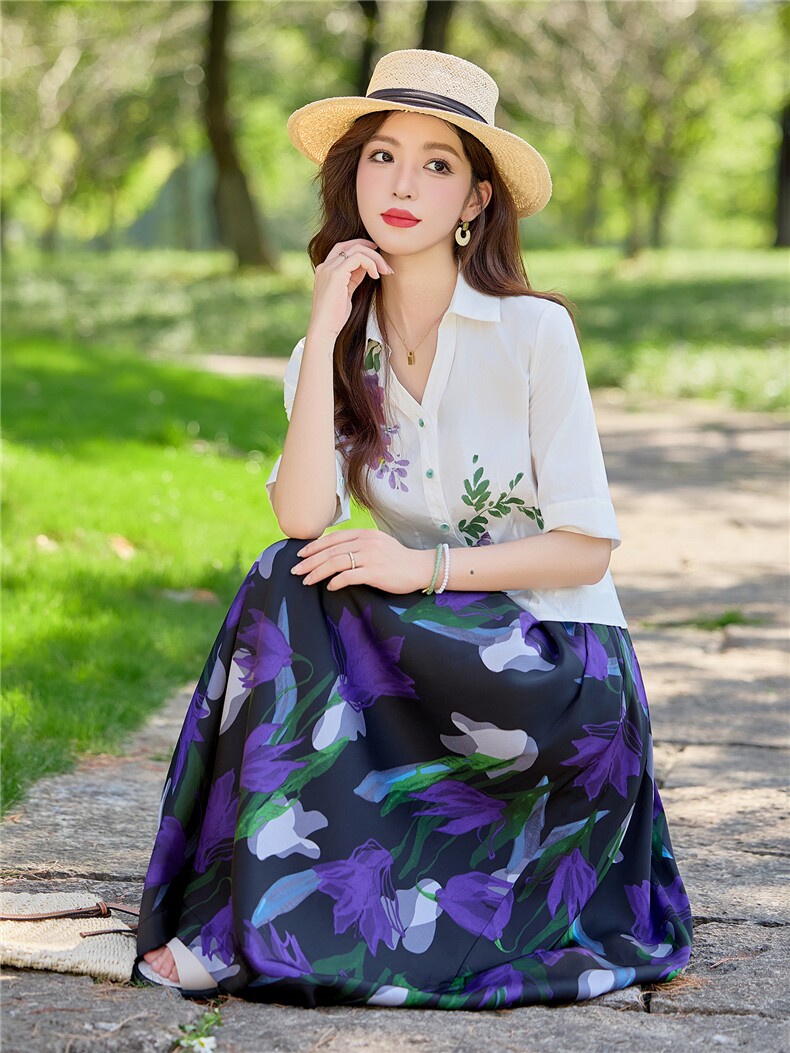 高级感独特印花套装女士2026夏季新款五分袖衬衫半身裙穿搭两件套,女装套装/套裙,水衣源