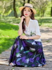 高级感独特印花套装女士2026夏季新款五分袖衬衫半身裙穿搭两件套，女装套装/套裙，水衣源