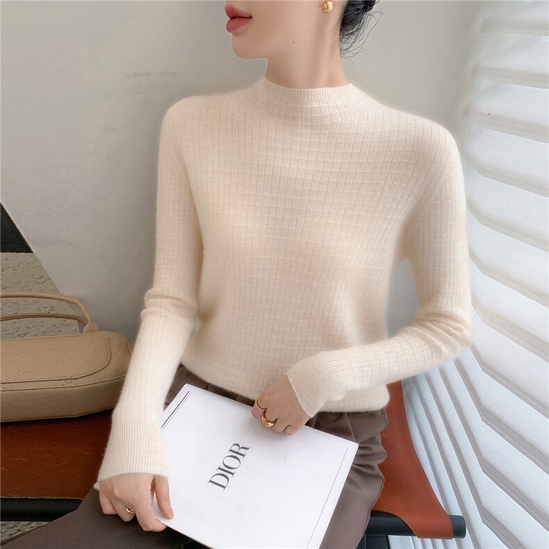 简约百搭修身羊绒衫2025秋冬女半高领纯色毛衣羊毛针织打底衫白色,女装羊绒衫,牧群羊绒