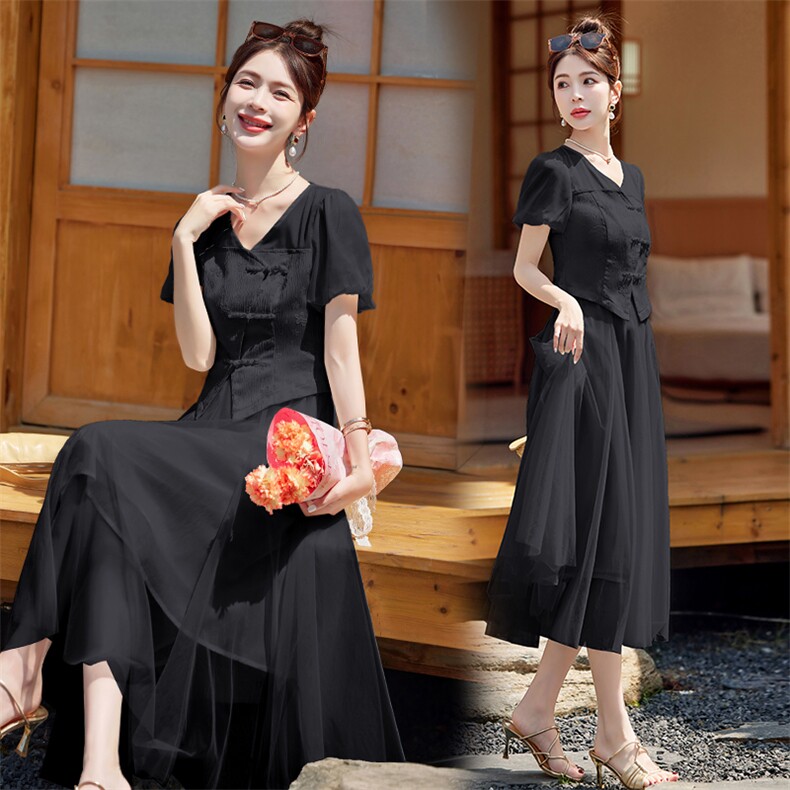 新中式盘扣复古新款套裙2024年夏季新款套裙，女装套装/套裙，浪花E族（衣布洛）