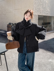 韩系拼接撞色格子围巾短款羽绒服女2025冬立领宽松小个子减龄外套，女装羽绒服，艾米莉亚