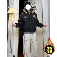 现货高品质美式高街重磅刺绣座山雕大毛毛领棉衣男女加厚棉服外套，男装棉衣，电商A486