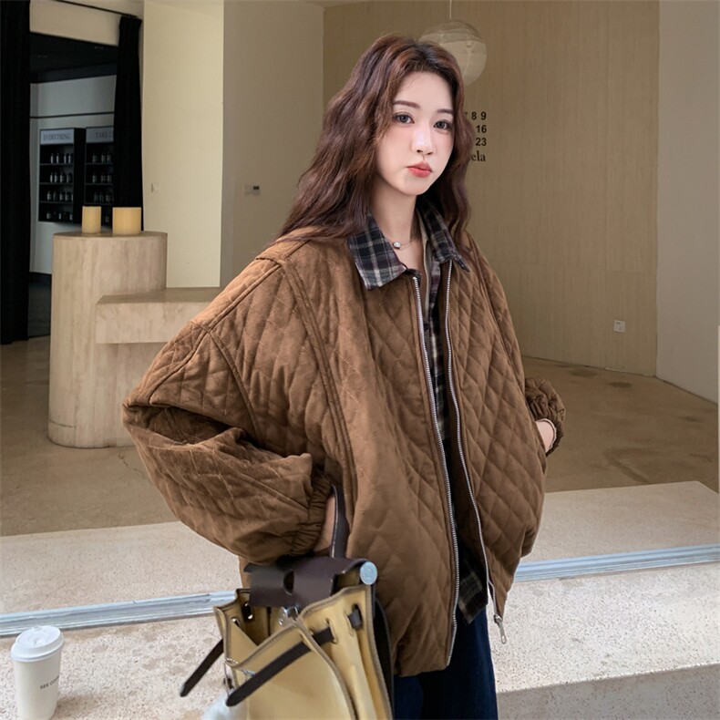 格纹拼接假两件菱格棉服外套女2025冬季新款美拉德复古宽松夹克潮,女装棉衣/棉服,浙宝217