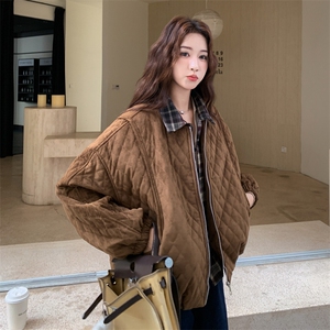 格纹拼接假两件菱格棉服外套女2025冬季新款美拉德复古宽松夹克潮图片