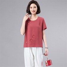 夏季刺绣短袖雪纺衫女2022年新款中年妈妈薄款小衫小个子复古上衣，女装蕾丝衫/雪纺衫，奕阳依阁