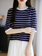 夏季五分袖常规2025年夏季新款条纹大码女装宽松薄款高级感，女装T恤，暖圣羊羊绒