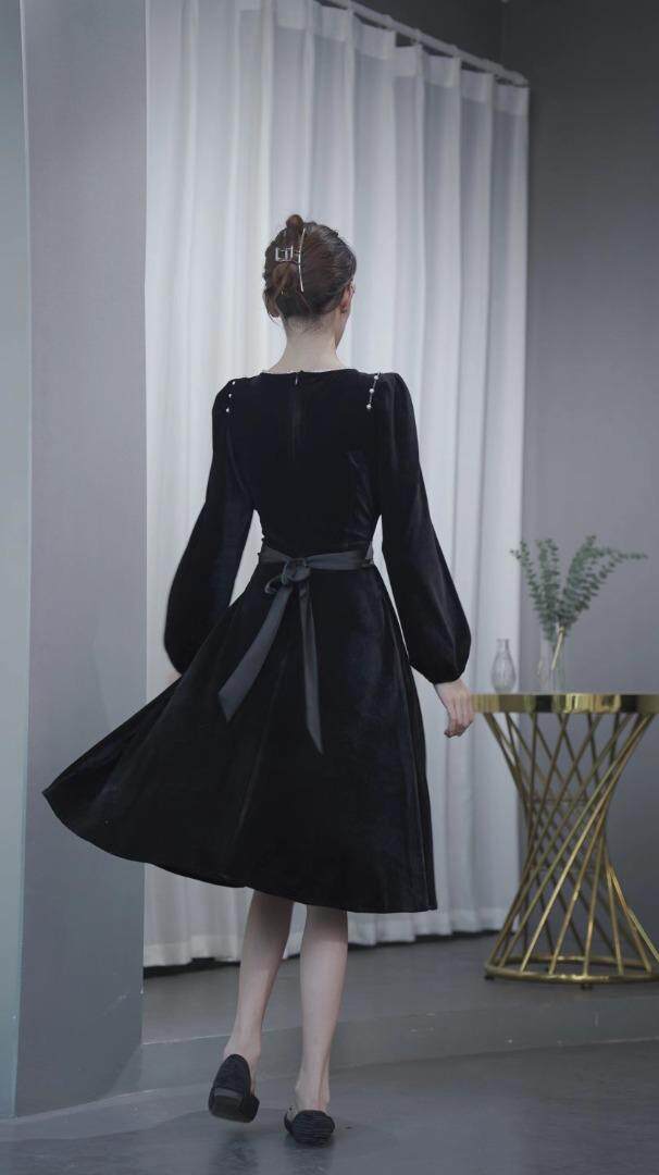 手工钉珠收腰喇叭裙，其它，迪蔓君翔