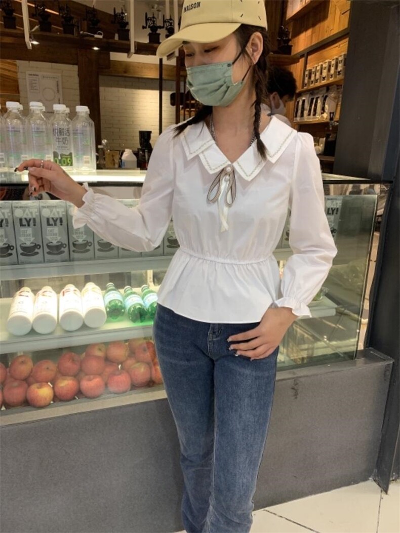 娃娃领衬衫2022春新款百搭设计感小众英伦风双层领甜美收腰，女装衬衫，尚言