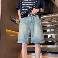 薄款牛仔短裤男夏季潮牌高端2026新款纯色宽松直筒冰丝五分裤子，男装牛仔裤，星座601-2
