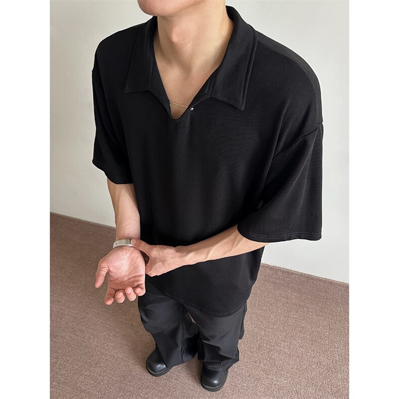 白色麦穗纹海鸥领Polo衫男款夏季美式v领t恤高级感cleanfit五分袖,男装T恤,电商A003