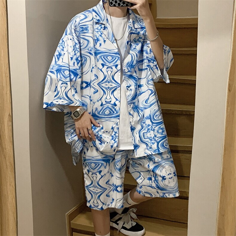 特P45控88-夏装冰丝短袖衬衫短裤休闲套装男生沙滩裤两件套XTZ226,男装T恤,电商B370