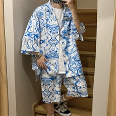 特P45控88-夏装冰丝短袖衬衫短裤休闲套装男生沙滩裤两件套XTZ226，男装T恤，电商B370