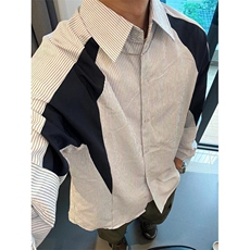 蓝白条纹拼接衬衫男长袖春秋季小众发型师男装衬衣外套C2222，男装衬衫，星座1116A（原606A-3）