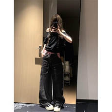 CP1215-P55美式粉格拼接廓形弯刀牛仔裤女2025设计感宽松阔腿裤，男装牛仔裤，电商B323A