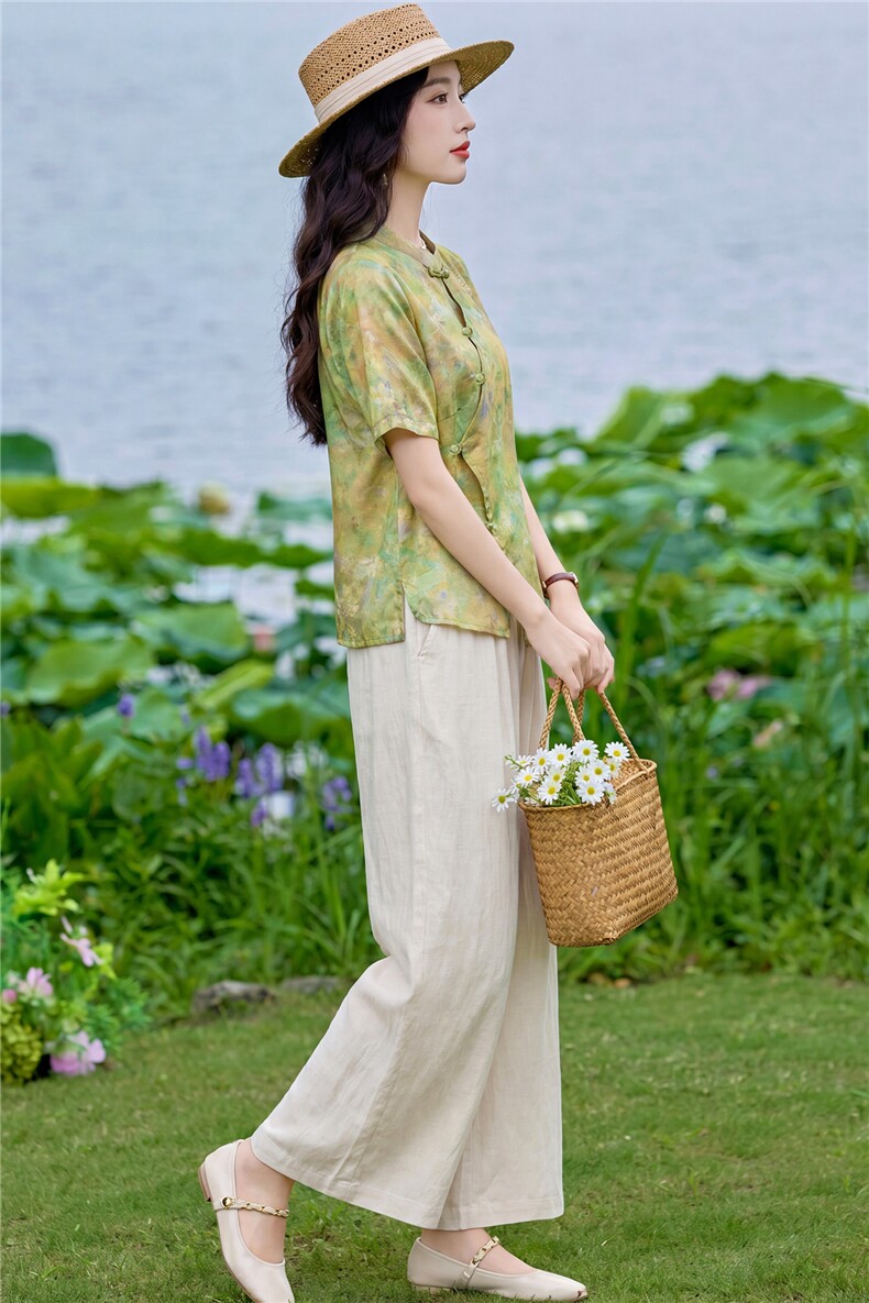 现货2026年夏季新款中式时尚两件套装女小衬衫T恤加天丝麻阔腿裤,女装套装/套裙,璐依舞