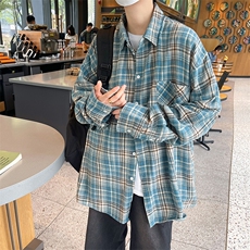 复古港风格子衬衫男女夏季宽松百搭慵懒感长袖衬衣外套M1277-p38，男装衬衫，星座1008