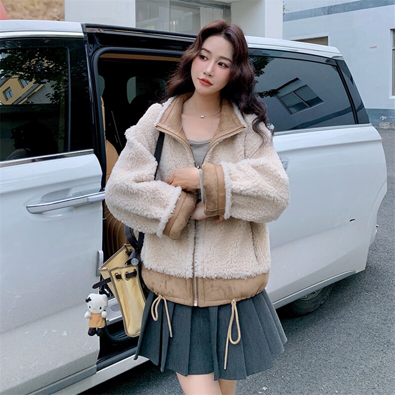 卡其色两面穿麂皮绒拼接外套女2025冬季日系加厚短款皮毛一体棉衣,女装短外套,2C108