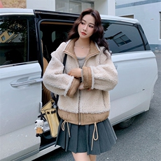 卡其色两面穿麂皮绒拼接外套女2025冬季日系加厚短款皮毛一体棉衣，女装短外套，2C108