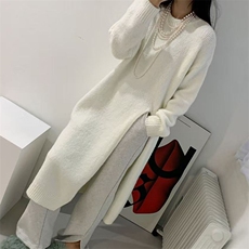 2025年秋季套头圆领长开叉外搭时尚百搭通勤简约休闲中长款，女装针织衫/毛衣，萱芳婷羊绒