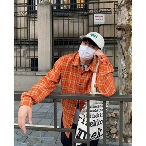 【有货】DC3064-特批32美式防晒橙色格纹长袖衬衫男宽松情侣衬衣图片