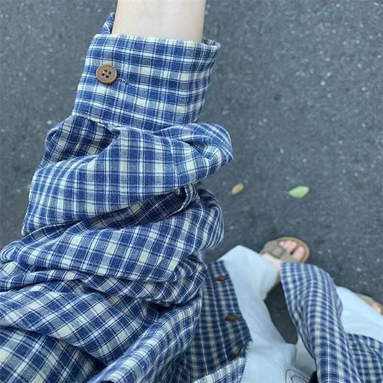 W563-P38美式复古蓝色格子衬衫女秋宽松oversize原宿衬衣外套,男装衬衫,星座911-1