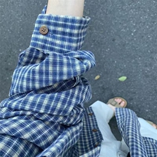 W563-P38美式复古蓝色格子衬衫女秋宽松oversize原宿衬衣外套，男装衬衫，星座911-1