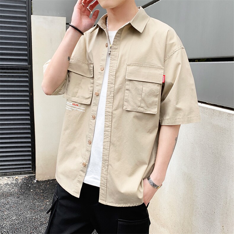 100%棉2021夏装新款短袖衬衫男休闲中袖五分袖衬衣CS033,男装衬衫,电商D240-242