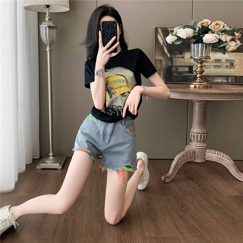 女夏季新款韩版运动休闲套装卡通印花圆领短袖宽松牛仔短裤两件套,女装套装/套裙,江南