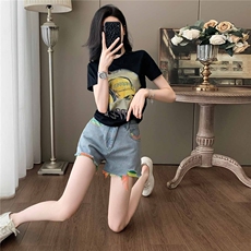 女夏季新款韩版运动休闲套装卡通印花圆领短袖宽松牛仔短裤两件套，女装套装/套裙，江南